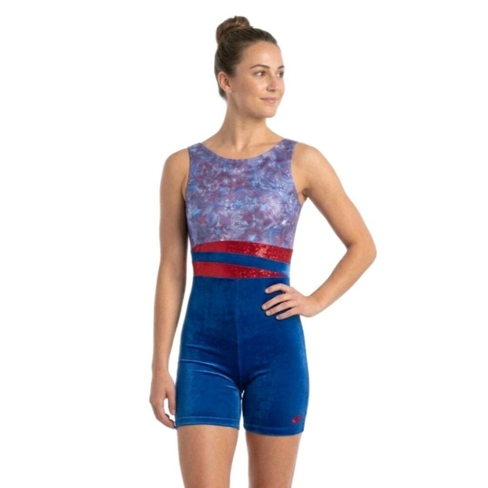 GK Elite VTG Star Spangled Patriotic Logo Biketard Blue Velvet Red Foiled Sz AM